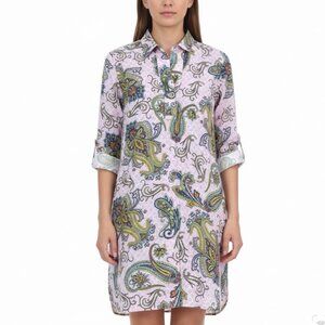Hinson Wu Womens Pink Luxe Linen Paisley Tunic Shirt Dress Button Back Size M